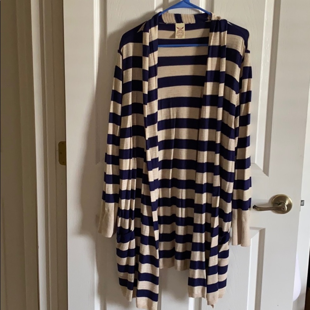 Striped navy and cream colored long cardigan